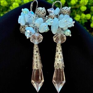 Handmade Pierced Earrings with Vintage Parts, Lucite Drops, and Bead Cluster